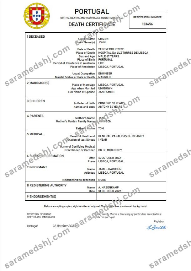 Portugal death certificate Word and PDF template